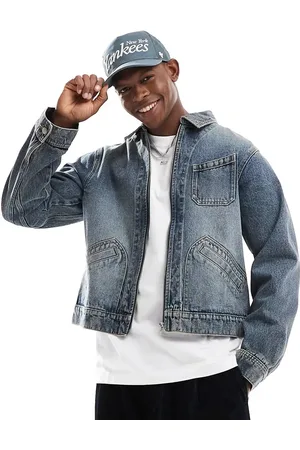 ASOS Chaqueta Harrington vaquera de corte cuadrado con lavado azul medio de