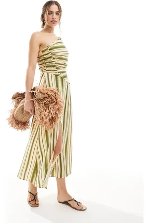 ASOS Vestido veraniego midi verde a rayas asimétrico con cuerpo fruncido y falda de corte amplio de -Multicolor