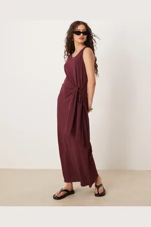 MANGO Vestido semilargo cereza con lazada en la cintura de algodón de