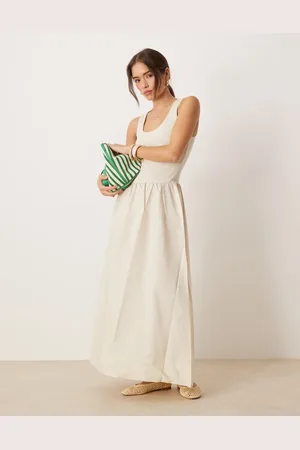 MANGO Vestido color con cintura fruncida y cuerpo en contraste de punto fino de -Neutro