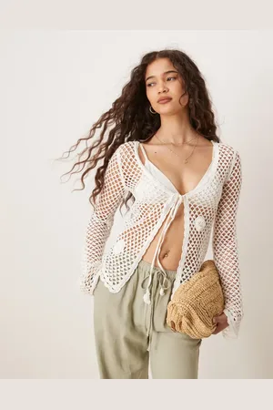 MANGO Cárdigan de manga larga con lazada delantera y detalle de rosa de croché de algodón de
