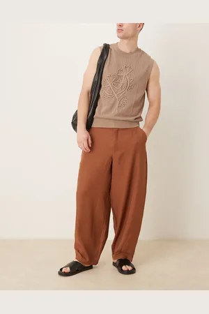 ASOS Pantalones marrones de pernera barrel con patrón de hilos cruzados crosshatch de
