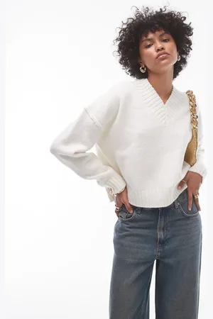 Topshop Jersey blanco con cuello de pico subido de punto de