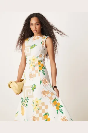 ASOS Vestido veraniego midi sin mangas con estampado de postal de algodón de -Multicolor