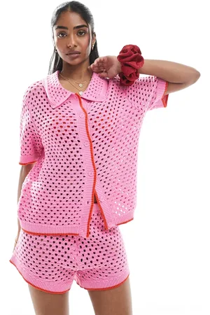 Pieces® Polo rosa y rojo de corte cuadrado de punto calado de (parte de un conjunto)