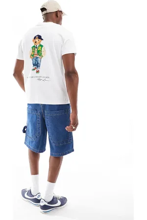 Ralph Lauren Camiseta blanca de corte clásico extragrande con estampado de oso denim en la espalda y el bolsillo de