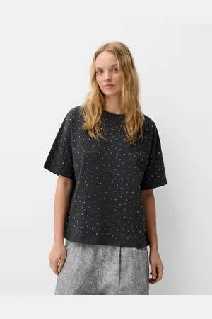 Bershka Camiseta Manga Corta Oversize Strass Mujer Xs