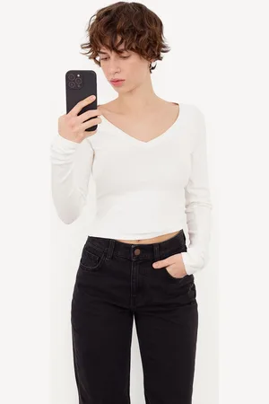 Bershka Camiseta Manga Larga Cuello Pico Mujer 10-12