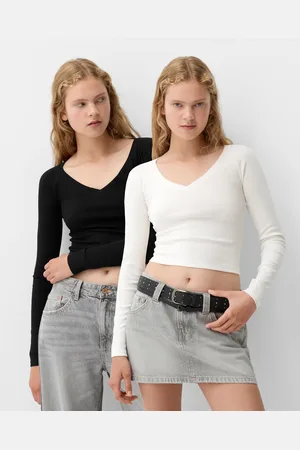 Bershka Pack 2 Camisetas Manga Larga Cuello Pico Mujer S