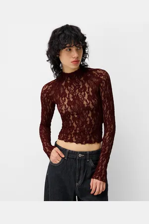 Bershka Camiseta Manga Larga Cuello Alto Blonda Mujer L