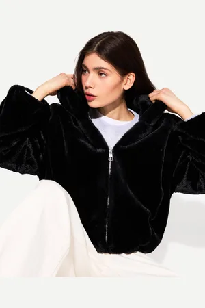 Bershka Cazadora Capucha Efecto Pelo Mujer Xs