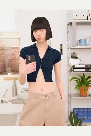 Bershka Camiseta Manga Corta Calada Botones Mujer Xxs