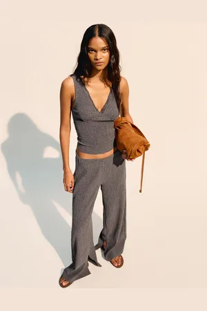 Bershka Pantalón Wide Leg Textura Mujer Xl