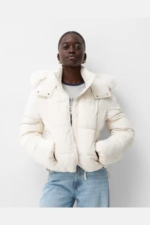 Bershka Cazadora Puffy Efecto Pelo Capucha Mujer L