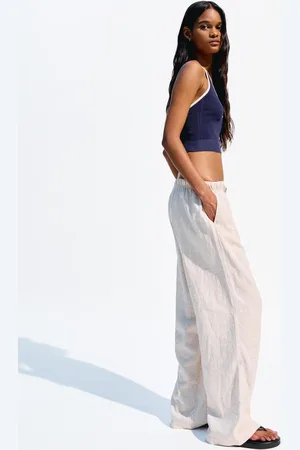 Bershka Pantalón Con Lino Goma Cintura Mujer Xs