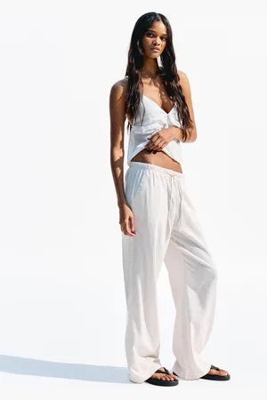 Bershka Pantalón Con Lino Goma Cintura Mujer Xxs