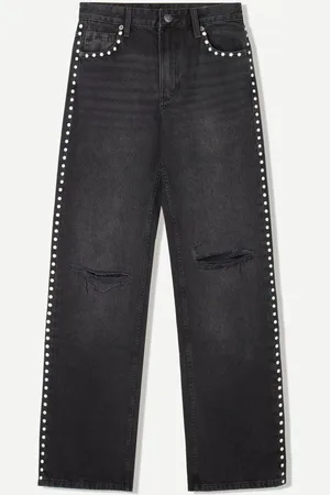 Bershka Jeans Wide Leg Rotos Tachas Mujer 44