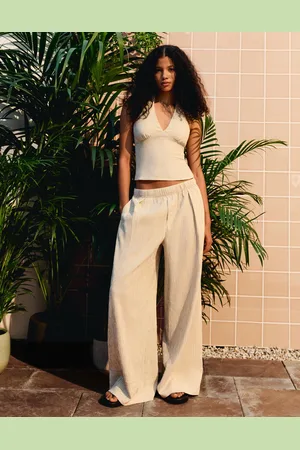 Bershka Pantalón Wide Leg Seersucker Mujer Xs