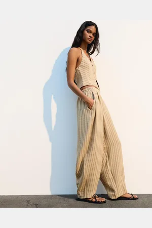 Bershka Pantalón Balloon Pinzas Con Lino Mujer Xs