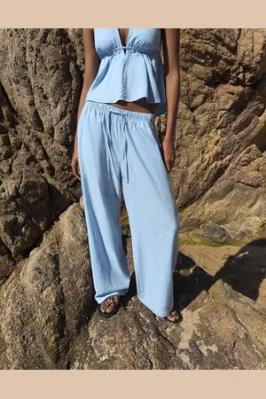 Bershka Pantalón Con Lino Goma Cintura Mujer L