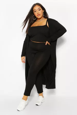 Boohoo Mujer De punto - Conjunto Plus De 3 Piezas Con Leggings Y Cárdigan, Negro