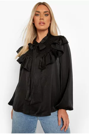 Boohoo Mujer Blusas - Blusa Plus Fruncida Con Lazo En El Cuello, Negro