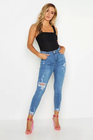 Boohoo Mujer Pitillos y Vaqueros Skinny - Vaqueros Petite Pitillo Desgastados, Azul Claro