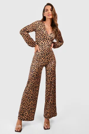 Boohoo Mujer Monos y Petos - Leopard Plunge Neck Wide Leg Jumpsuit, Brown