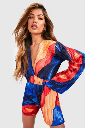 Boohoo Mujer Monos y Petos - Abstract Plisse Flare Sleeve Playsuit, Azul