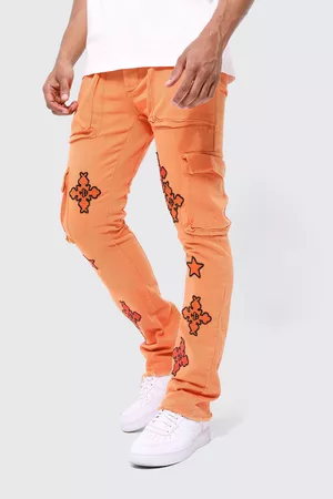 Boohoo Mujer Cargo - Fixed Waist Skinny Flare Cargo Applique Trouser, Naranja