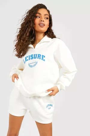 Boohoo Mujer Sudaderas - Leisure Embroidered Collared Sweatshirt Short Tracksuit, Cream