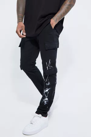Boohoo Mujer Cargo - Fixed Waist Skinny Paint Splat Cargo Trouser, Negro