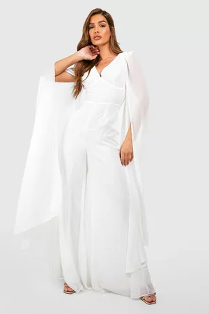Boohoo Mujer Ropa - Cape Detail Plunge Wide Leg Jumpsuit, Blanco