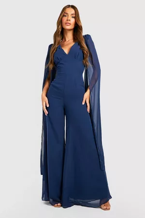 Boohoo Mujer Ropa - Cape Detail Plunge Wide Leg Jumpsuit, Navy