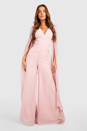 Boohoo Mujer Ropa - Cape Detail Plunge Wide Leg Jumpsuit, Pink