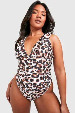 Boohoo Bañador Plus Escotado Con Volante Y Estampado Animal