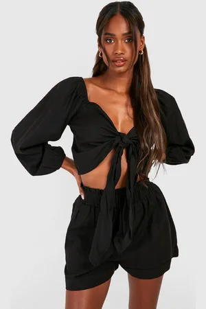 Boohoo Pantalón Corto Efecto Lino Con Cintura Paperbag Y Top Crop Con Nudo