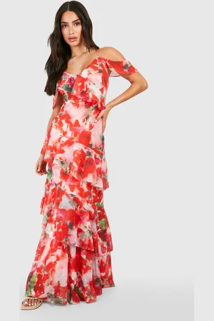 Boohoo Vestido Petite Maxi Asimétrico De Chifón Escalonado Con Volante Y Estampado De Flores