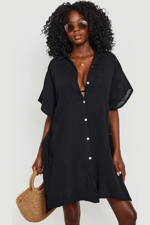 Boohoo Camisa Caftán De Lino Para La Playa Con Botón Frontal Y Manga De Murciélago