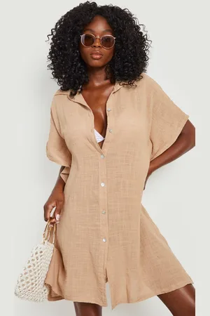Boohoo Camisa Caftán De Lino Para La Playa Con Botón Frontal Y Manga De Murciélago