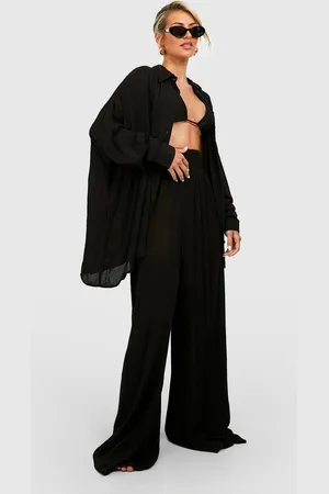 Boohoo Pantalón Para La Playa De Pernera Ancha De Tela Con Cintura Fruncida