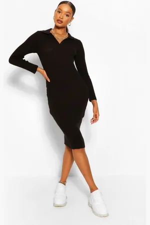 Boohoo Vestido Midi De Punto Canalé Con Cuello De Polo