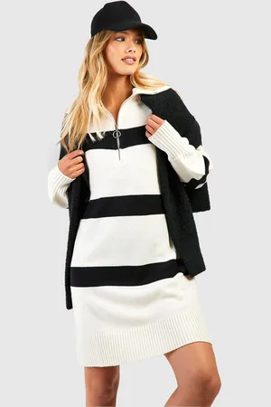 Boohoo Vestido Jersey De Rayas Con Cremallera A La Mitad
