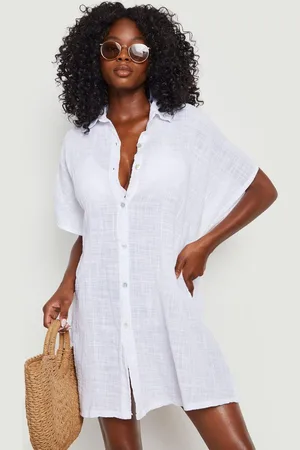 Boohoo Camisa Caftán De Lino Para La Playa Con Botón Frontal Y Manga De Murciélago