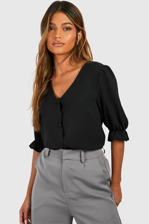 Boohoo Blusa Martillada Con Mangas Abullonadas Y Botones Frontales