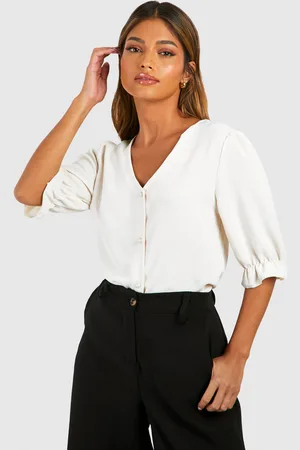 Boohoo Blusa Martillada Con Mangas Abullonadas Y Botones Frontales