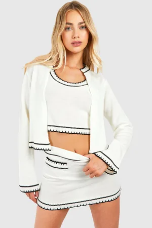 Boohoo Conjunto De 3 Piezas De Punto En Contraste Con Cárdigan, Top Crop Y Minifalda