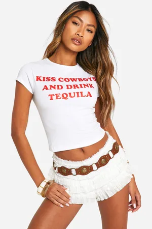 Boohoo Camiseta Baby Con Mangas Casquillo Y Estampado De Vaqueros