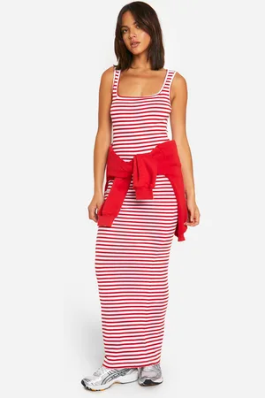 Boohoo Vestido Maxi Básico De Canalé Con Rayas Y Escote Cuadrado