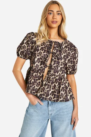 Boohoo Blusa De Leopardo Con Mangas Abullonadas Y Atadura De Lazo
